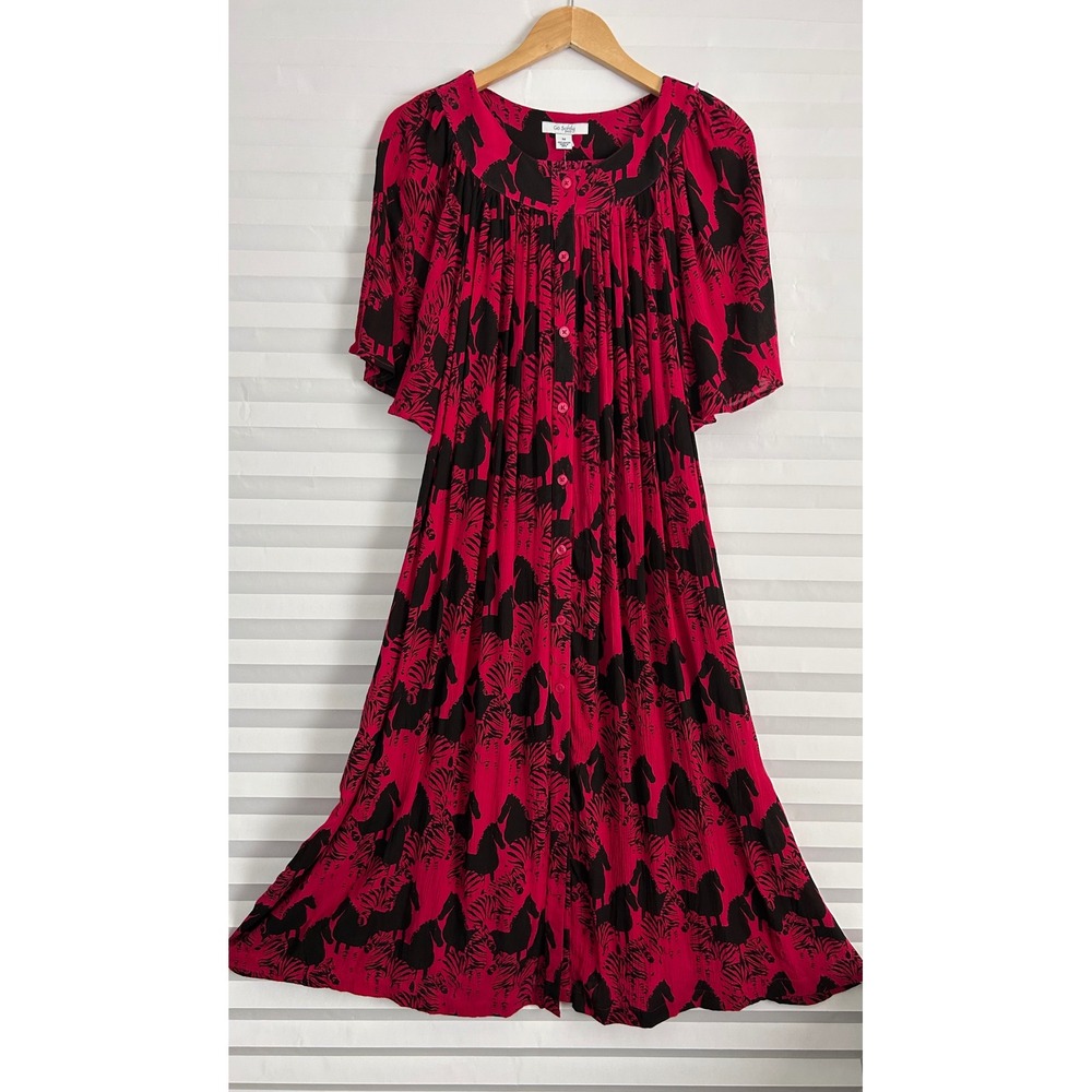 Go Softly Patio Zebra Print Button Front Rayon Midi Dress‎ Cerise Pink Black M